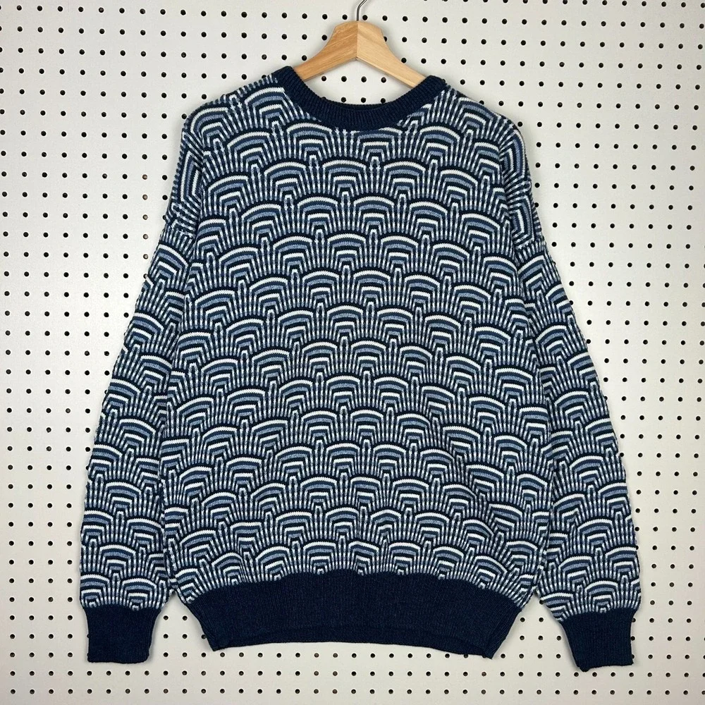 Vintage Chunky Knit‎ Sweater Size XL Blue Monochrome Design USA Grandpa 90s PDX